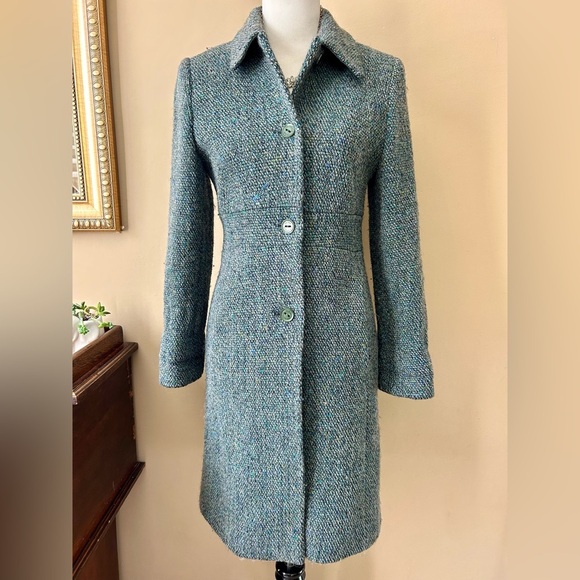 Via Spiga Green Blue Gray Wool Tweed Lady Day Coat Black Leather Trim Size 6 - Picture 1 of 16
